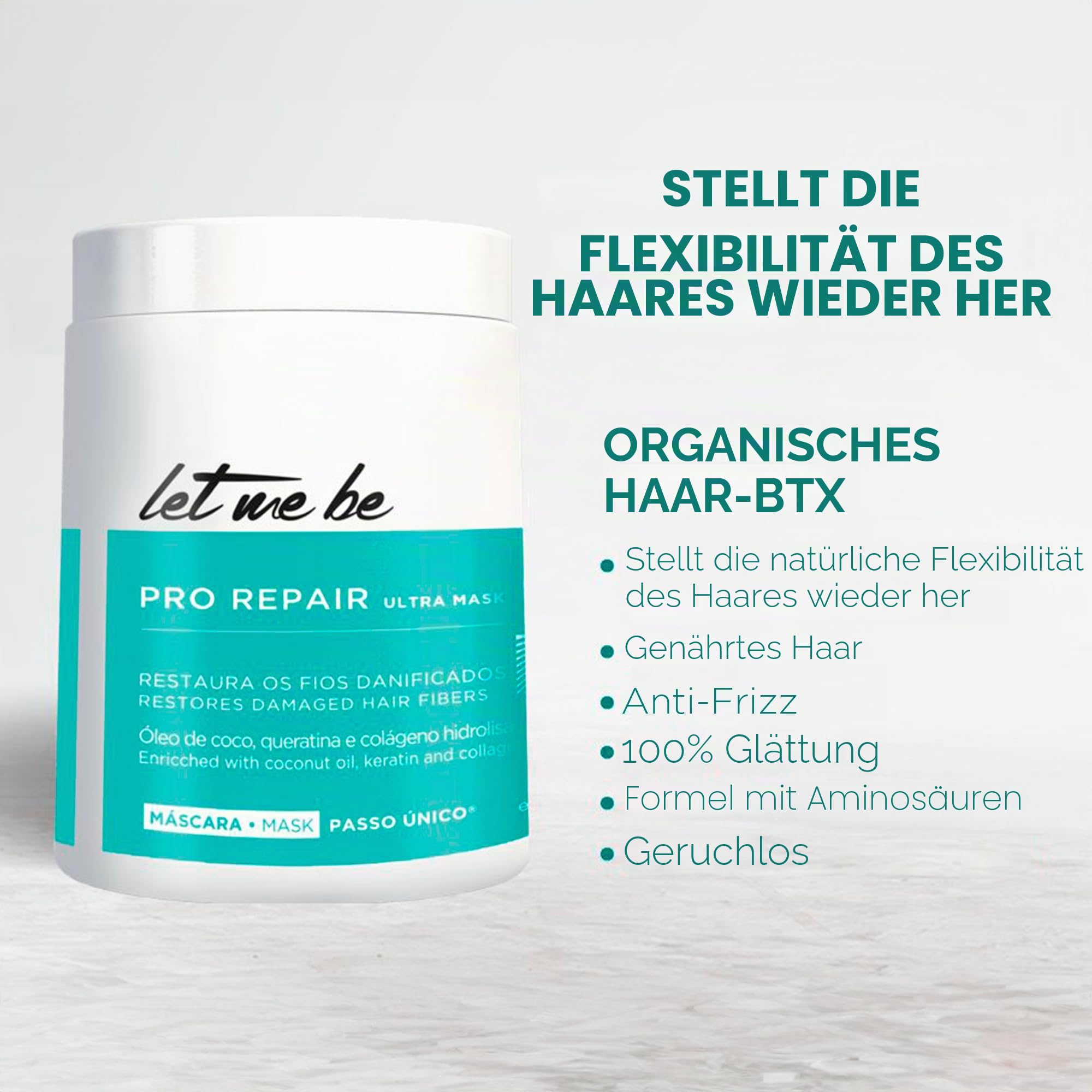 Let Me Be Haarmaske & Haar Btox Formaldehydfrei, BTX Pro Repair | Organische und professionelle Anti-Frizz Volumenreduzierung in 1 Schritt mit Keratin, Kollagen und Kokosöl - 1Kg