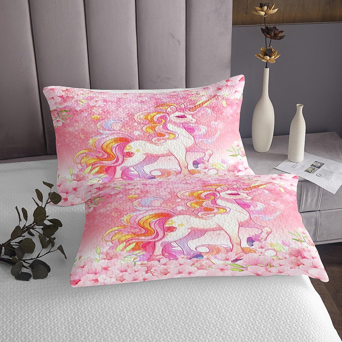 Cartoon Unicorn Kids Bedspread Queen Size,Sakura Cherry Blossom Japanese Rainbow Coverlet Set,Girls Women Room Decor,Cute Animals Flowers Quilted Coverlet,Pink Romantic Bedding Quilt,2 Pillowcases