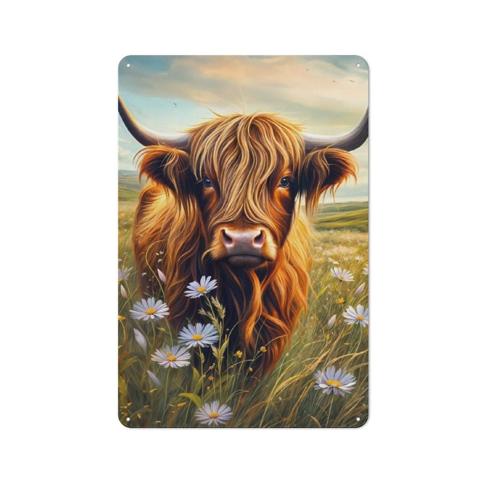 Junmoney Cute Highland Cow In Field For Hobby Room Or Studio, Rustic Metal Sign 30X20cm, For Creative Interior Collectors Refreshing A Room In Autumn
