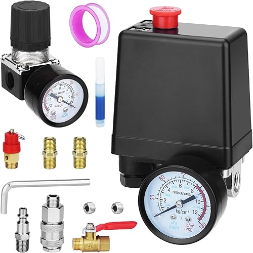 Miniatura 15 de Válvula de control universal del interruptor de presión del compresor de aire (90-120 PSI, 110V-240V) con regulador de 0-180 PSI y válvula de alivio