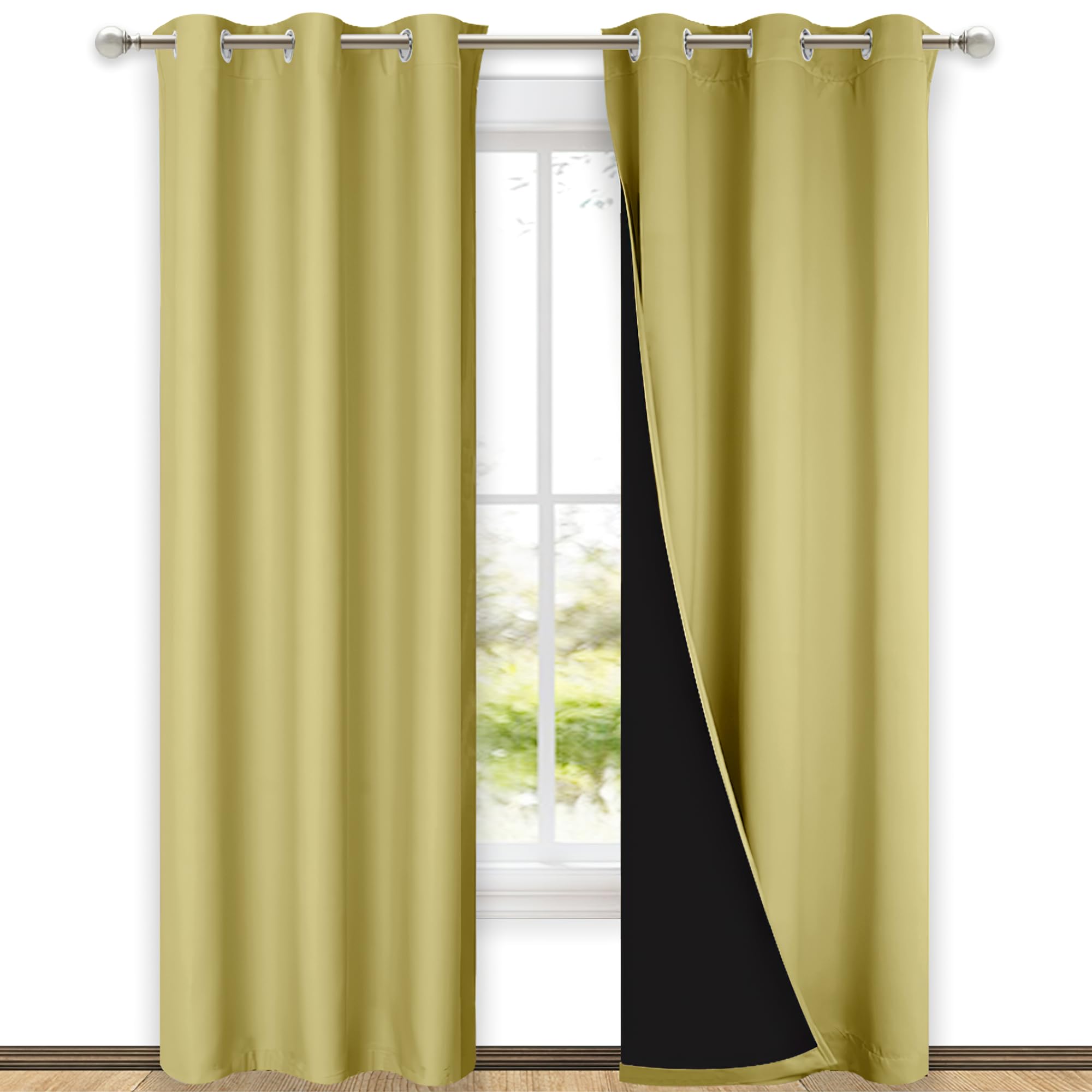NICETOWN Paler Yellow Full Shade Curtain Panels, Pair of Thermal Insulated &amp; Energy Efficiency Blackout Curtains for Living Room Windows, Lined Silky Performance Window Dressing (42" Wide x 84" Long)