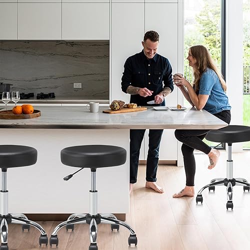 Miniatura 8 de Juego de 2 taburetes redondos giratorios con ruedas de altura ajustable, asiento ancho resistente, taburete de dibujo para oficina, salón, masaje,