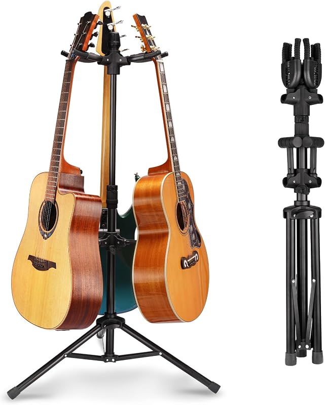 Soporte triple para guitarra - Soporte resistente para 3 guitarras acústicas/eléctricas/bajos/banjos, diseño plegable con bloqueo automático, base antideslizante y antioxidante - portátil para escenario/viajes/estudio GGS-06T