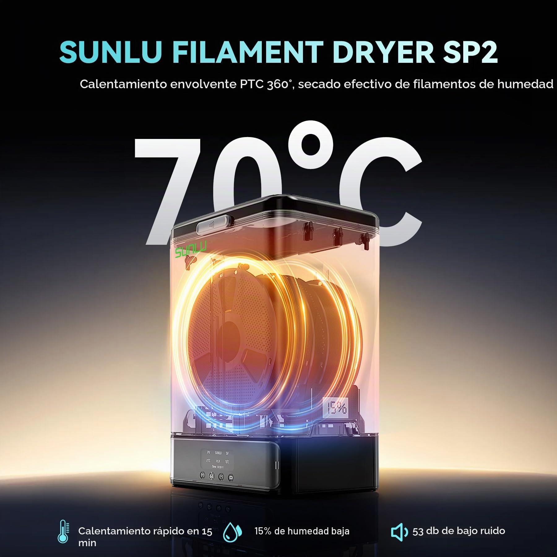 Secador Filamento SUNLU SP2 y Caja de Almacenamiento, 2-Bobinas Secador de Filamento 3D, 70℃ Máxima Temperatura con 360° Calefacción, Filament Seco 3D para Filamento PLA PETG TPU 1,75mm/2,85mm