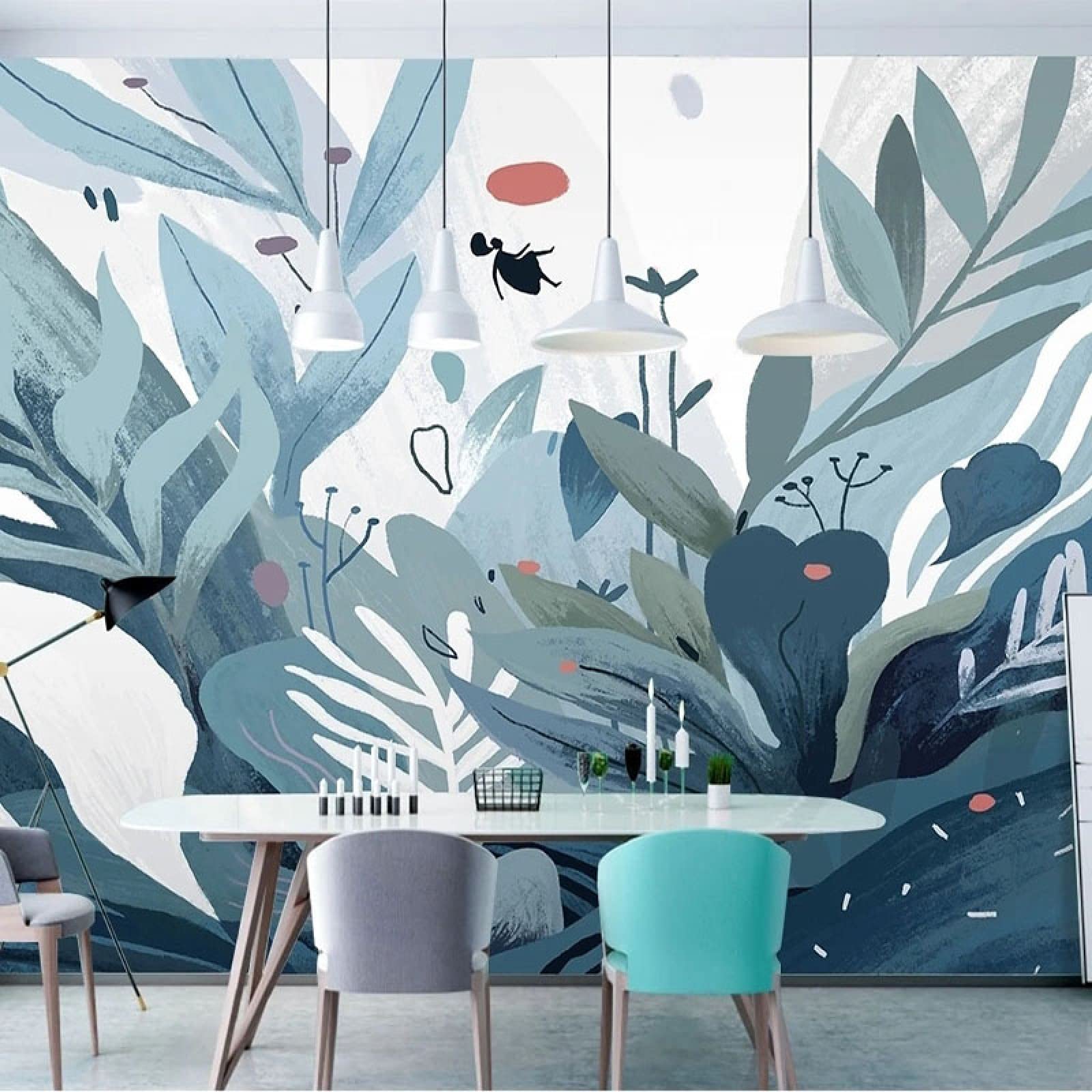 Papier peint 3D plantes peintes main pour agrandir un mur de salon