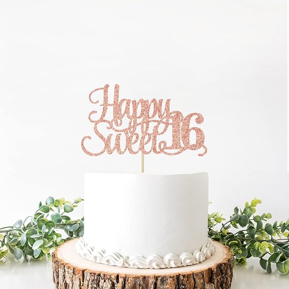 Rose Gold Glitter Happy Sweet 16 Cake Topper - Happy 16th Birthday Cake Decor - Hello 16, Cheers to 16 Years Birthday Party Decoration Supplies