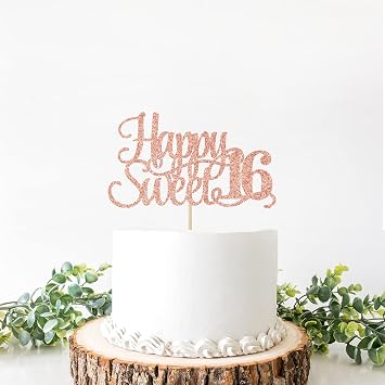 Rose Gold Glitter Happy Sweet 16 Cake Topper - Happy 16th Birthday Cake Decor - Hello 16, Cheers to 16 Years Birthday Party Decoration Supplies