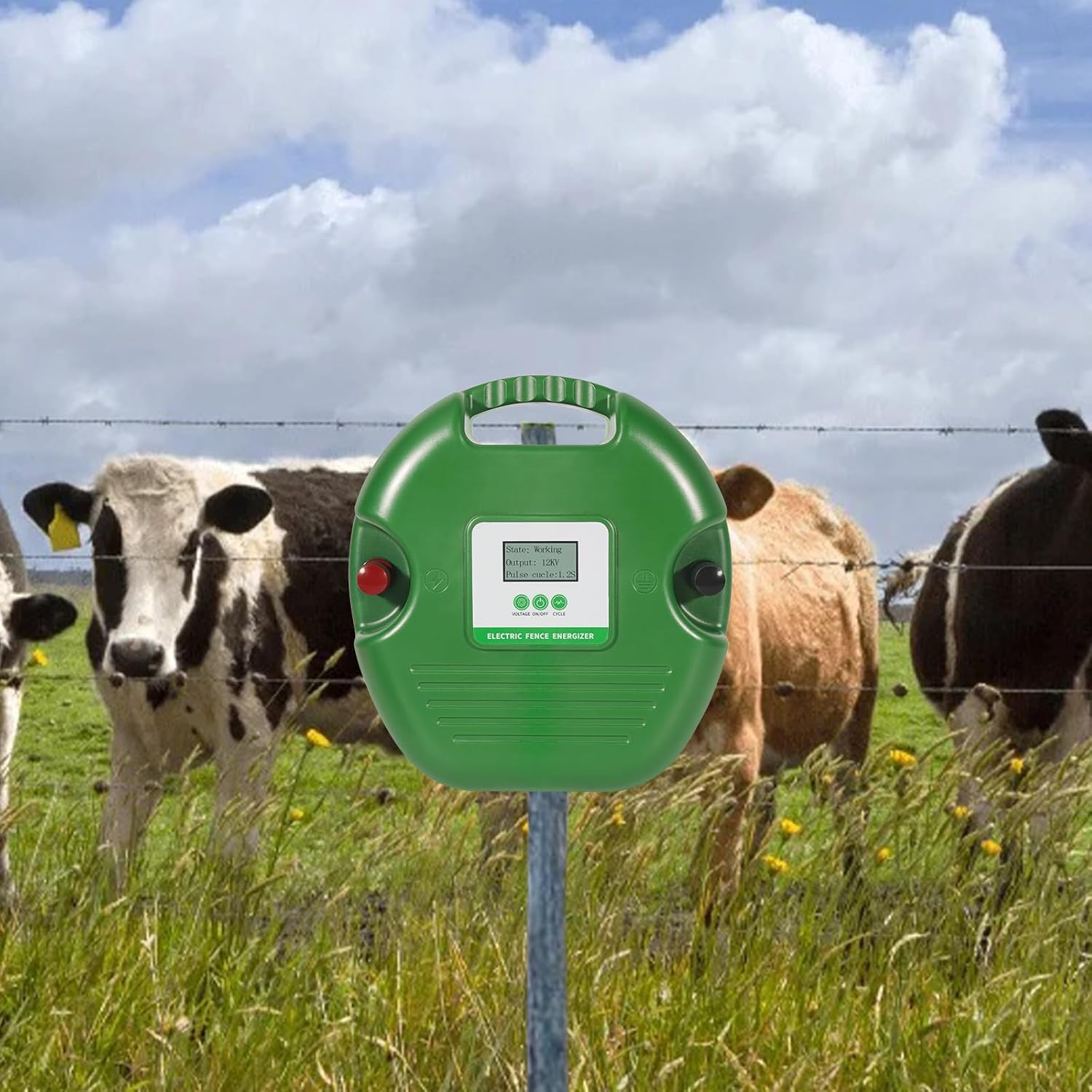 Electric Fence Charger for Livestock – 15-Joule Electric Fence Energizer， Adjustable 8/10/12kV Output, Weatherproof Fence Charger, Covers 25 Miles/600 Acres