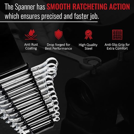 SPARTAN Carbon Steel Combination Spanner Set/Wrench Set/Tool Kit Multipurpose Home Use and Professional Spanners, Corrosion Resistant Chrome Plating Open Jaw and Ring Spanners (Silver, Set of 12)