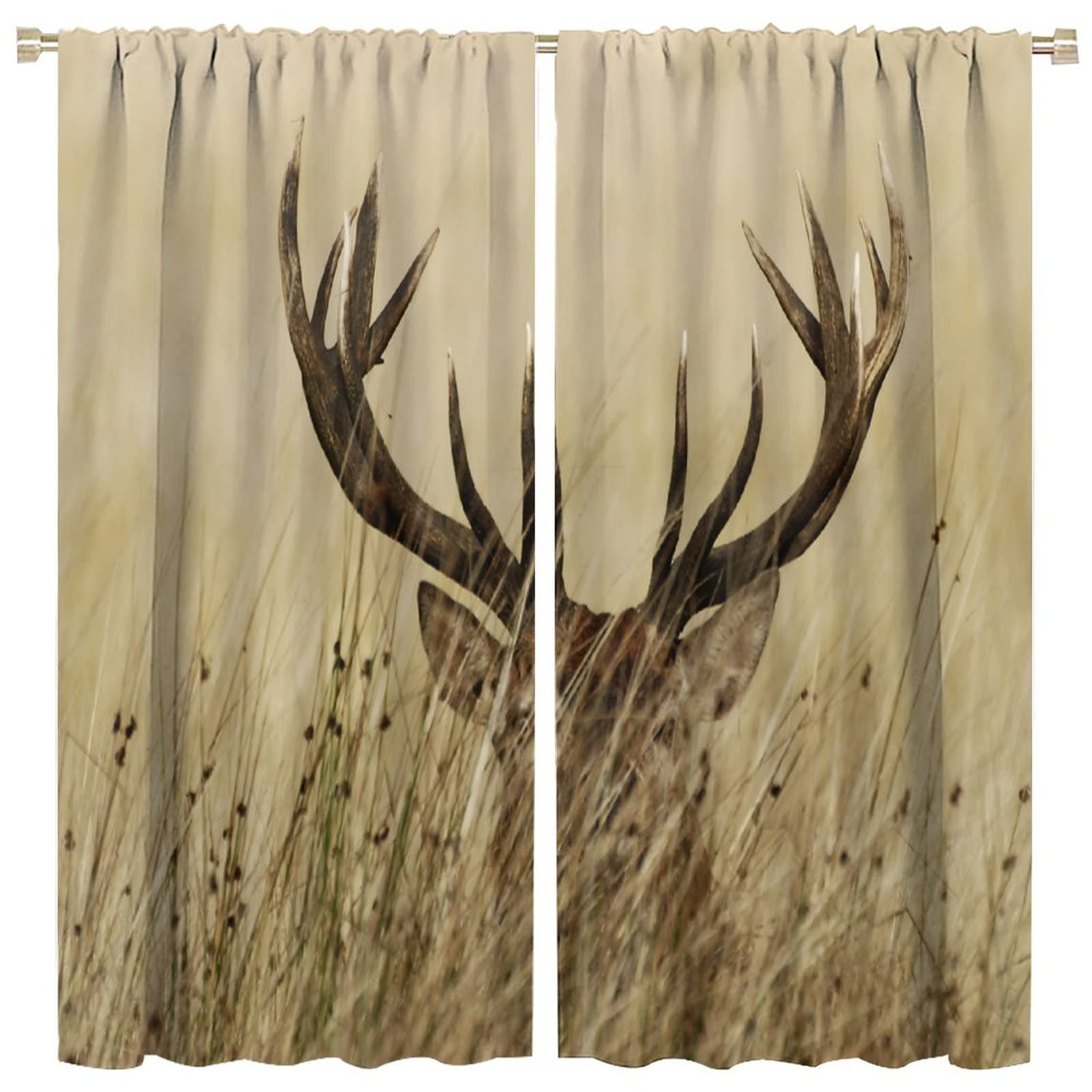 Deer Curtains Antler Fawn Wilderness Stag Countryside Rural Woodland Hunting Theme Rod Pocket Blackout Window Drapes 2 Panels Set for Bedroom Living