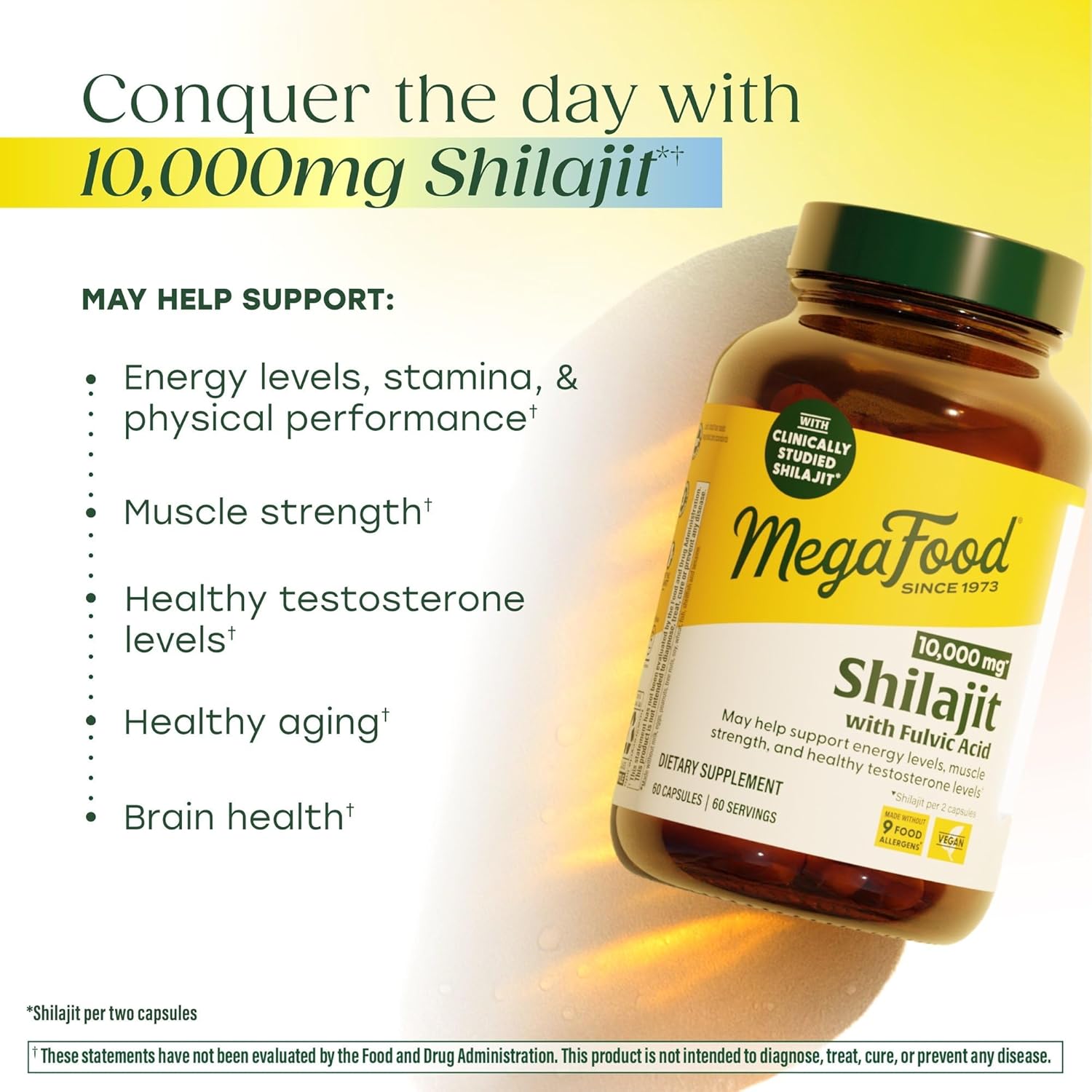 MegaFood Shilajit 10,000mg with Fulvic Acid - Shilajit for Men & Women - May Help Support Healthy Testosterone Levels, Muscle Strength & Energy Levels - Vegan, Gluten Free, 60 Capsules, 30 Day Supply