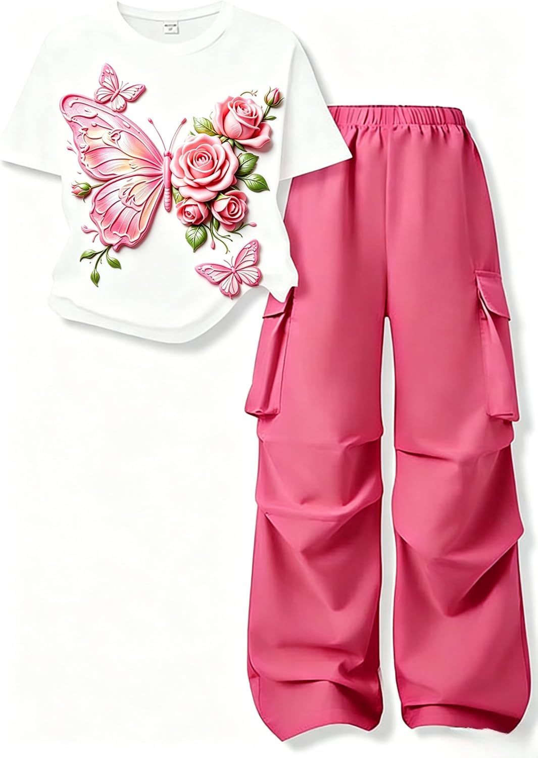 Tween Girls Cute Clothes Butterfly & Rose Printed Top + Trendy Cargo Pants Set 7-14 Years