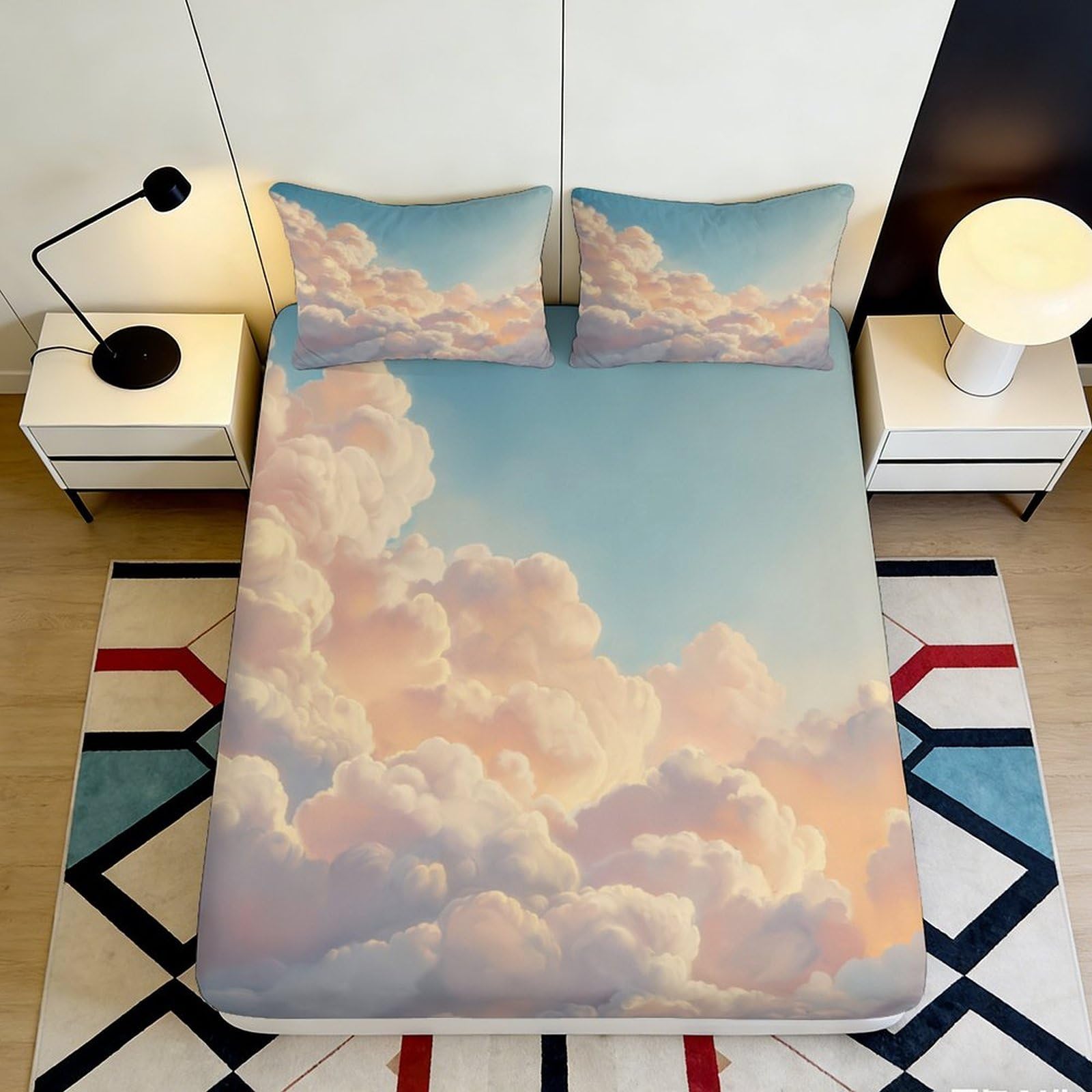 3D Printed Cloud Sky Fitted Sheet Microfiber Soft Pastel Sunset Mattress Cover Anti-Slip for Bedroom Decor 140x200x25cm
