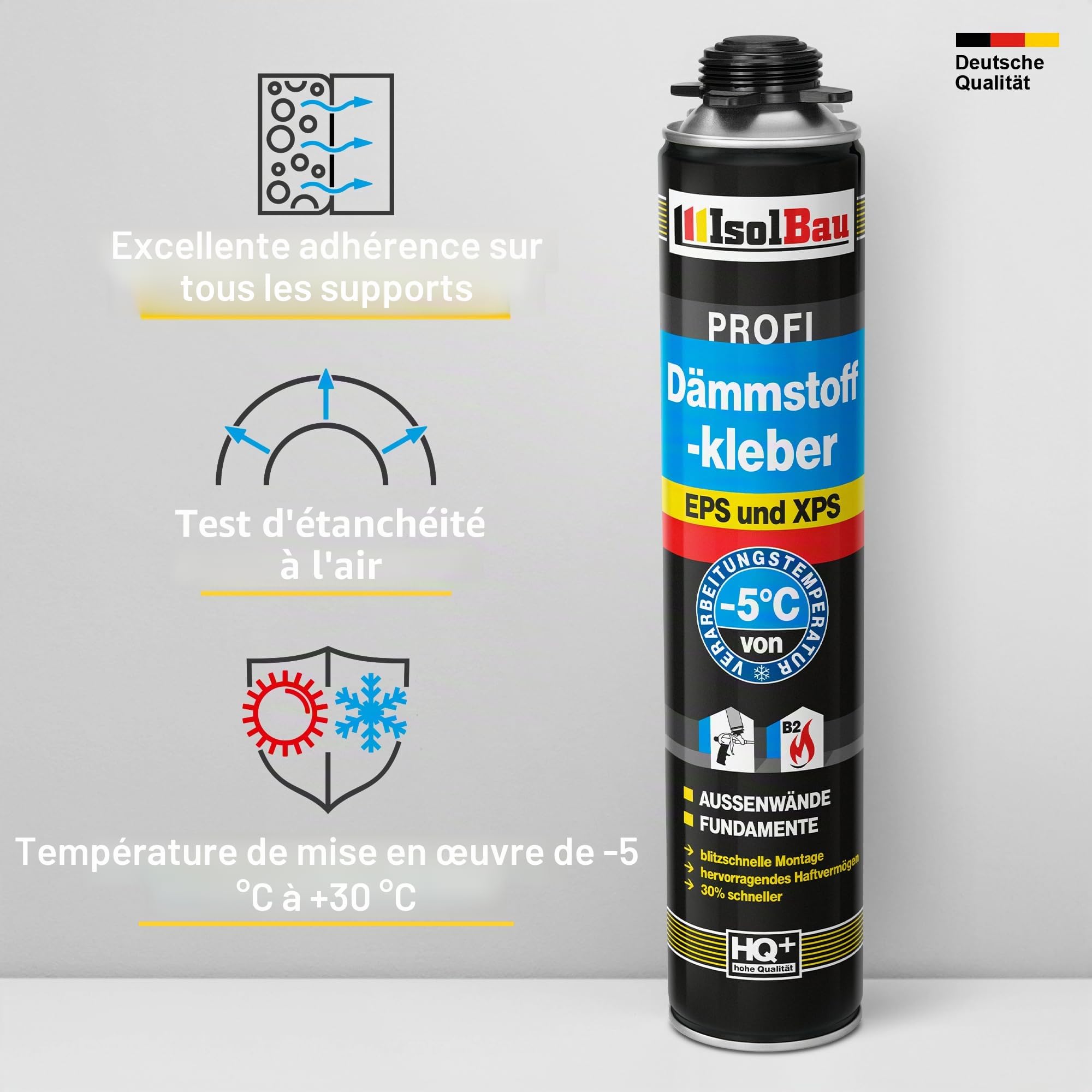 Isolbau Lot de 5 tubes de colle isolante B2 - 750 ml de colle périmétrique, 1 nettoyant en mousse polyuréthane et 1 pistolet à mousse pour plaques EPS et XPS - Mousse adhésive en polyuréthane 1K pour