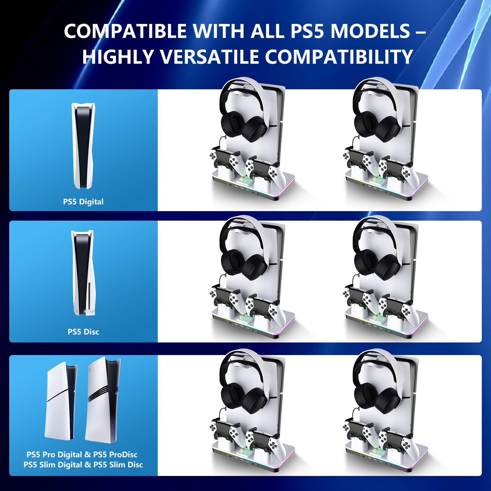 G-STORY PS5 Pro/Slim Stand Stazione di raffreddamento con ventola e stazione di ricarica per controller per console digitali a disco Playstation 5, accessori PS5 3 Hub USB, supporto per cuffie