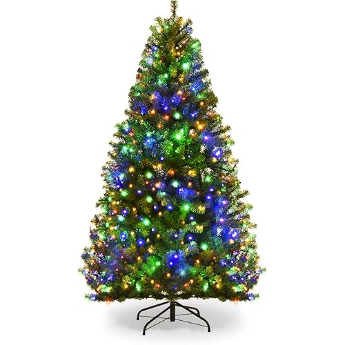 COSTWAY 5 FT Pre-lit Christmas Tree, Artificial Xmas Tree with 150 Warm White & Multicolored Lights, 11 Modes, 600 Branch Tips, Metal Support, Holiday Decoration Fake Tree for Home, Office, Party