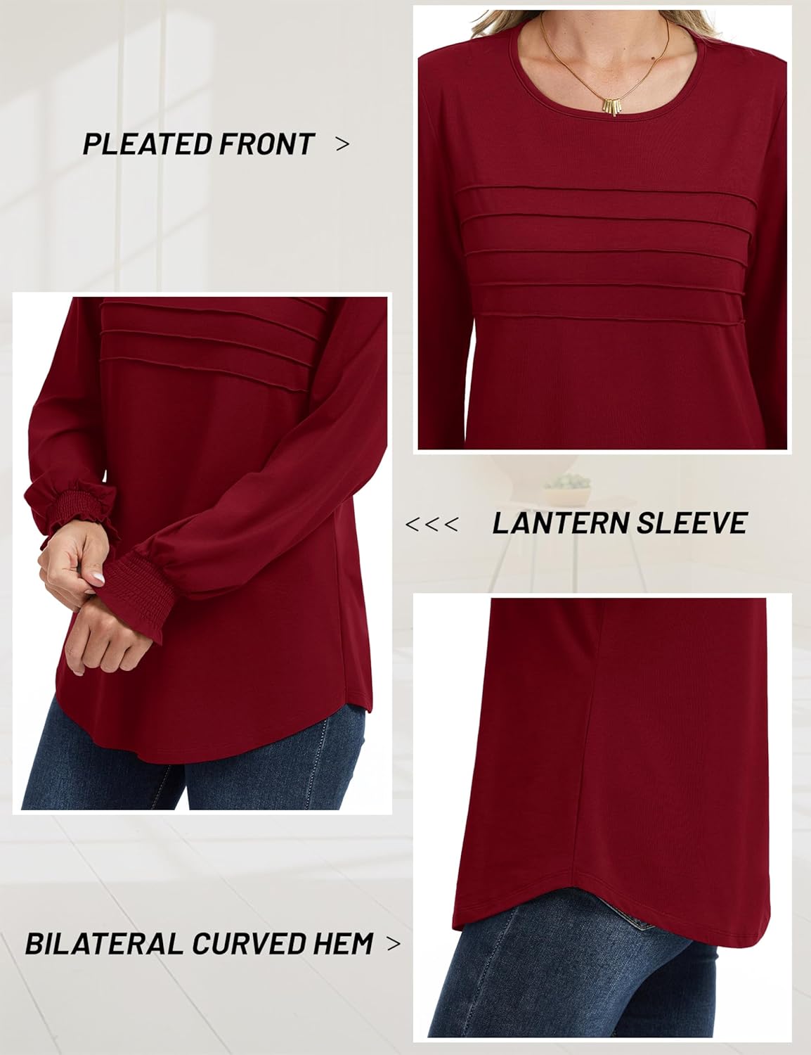 YUCOLEN Long Sleeve Shirts for Women Dressy Casual Business Blouses 2026 Pleated Crewneck Trendy Tunic Tops - Image 5