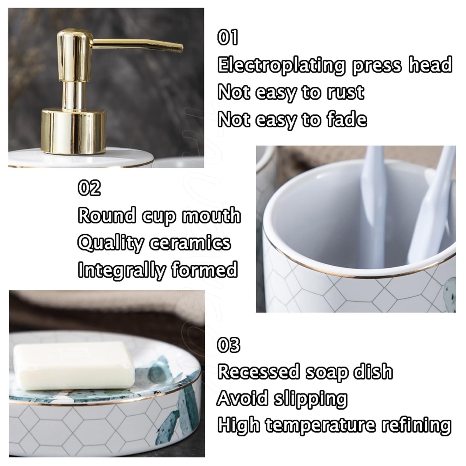 Juego de accesorios de baño, dispensador de jabón de cerámica, 4 piezas, juego de vasos para cepillo de dientes, accesorios de baño con plato para decoración, decoración victoriana Badrum (Wei)