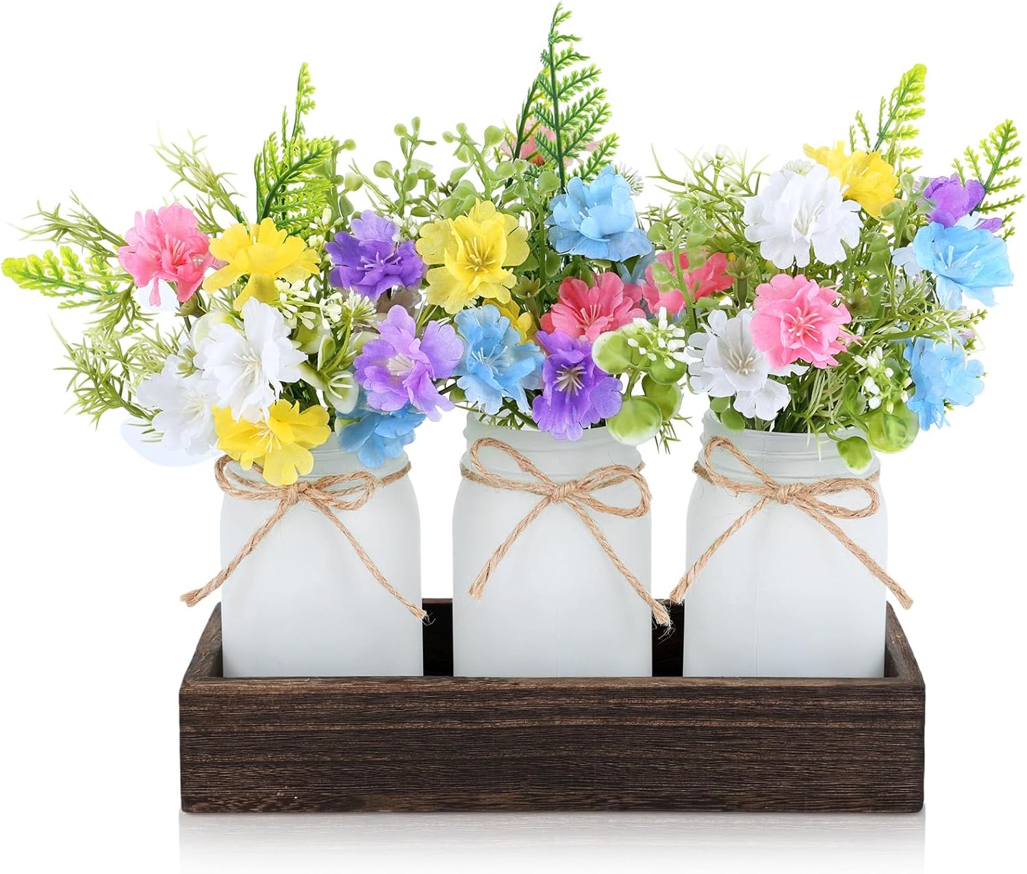3 Pack Spring Pastoral Style Mason Jar Table Centerpiece Tiered Tray Decor with Wood Tray Artificial Floral and Plants Purple Pink Blue Yellow Flower for Rustic Farmhouse Home Kitchen Bathroom Decor