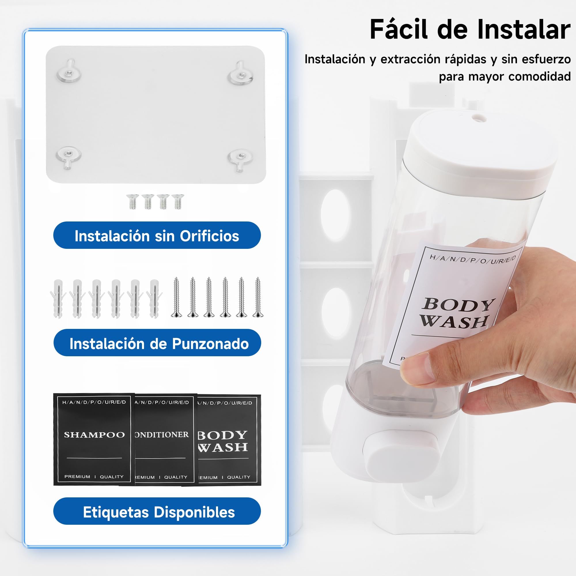 Dispensador de jabón para Montaje en Pared, dispensador de jabón líquido, dispensador de jabón de Mano, Gel de Ducha, detergente para Hotel, hogar (Blanco)