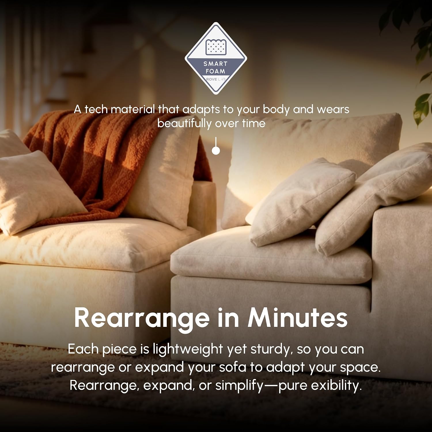ROVE LAB R4 Loveseat Sofa Cloud-Soft SmartFoam® comfort modular no-tool setup 100% foam structure hypoallergenic spill-resistant