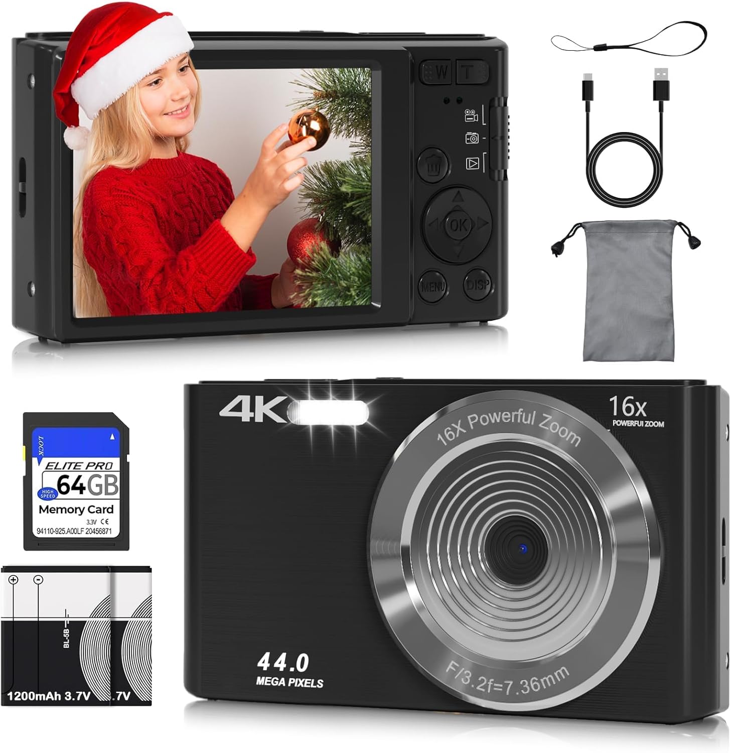 Digital Camera FHD 4K Kids Camera 44MP with 64GB SD Card 2 Batteries Autofocus 16X Digital Zoom Compact Portable Point and Shoot Digital Small Vintage Cameras for Teens Boys Girls Students (Black) Digital Camera FHD 4K Kids Camera 44MP with 64GB SD Card 2 Batteries Autofocus 16X Digital Zoom Compact Portable Point and Shoot Digital Small Vintage Cameras for Teens Boys Girls Students (Black)