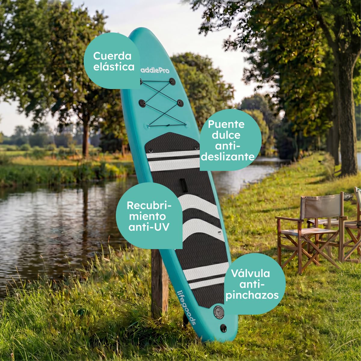 LifeGoods Tabla Paddle Surf Hinchable con Asiento - Padel Surf - Stand Up Paddle Board Completo - Remo Ajustable de Aluminio - Bomba, Mochila y Aletas Incluidas - 320x81x15cm - hasta 150kg