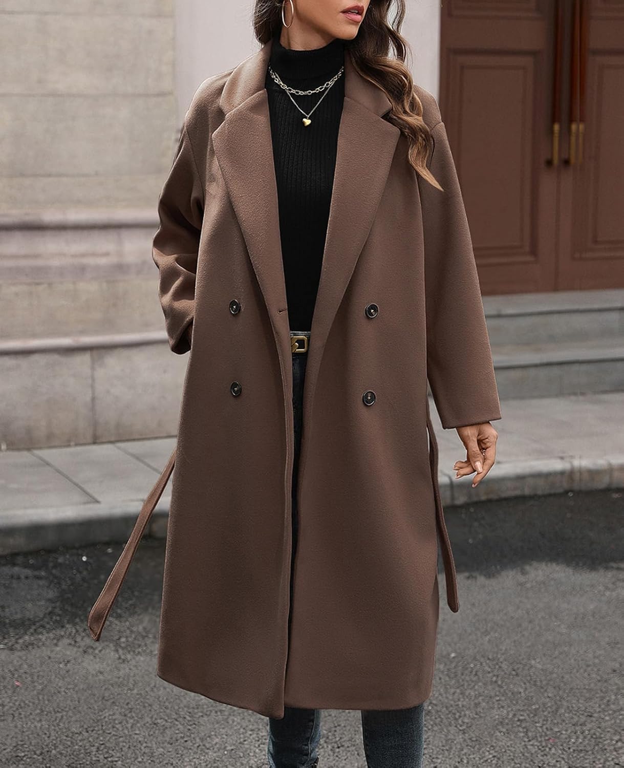 WOWULOVELY Women's Winter Double Breasted Wool Coat Long Sleeve Notched Collar Trench Long Oversized Button Down Overcoats - Image 3