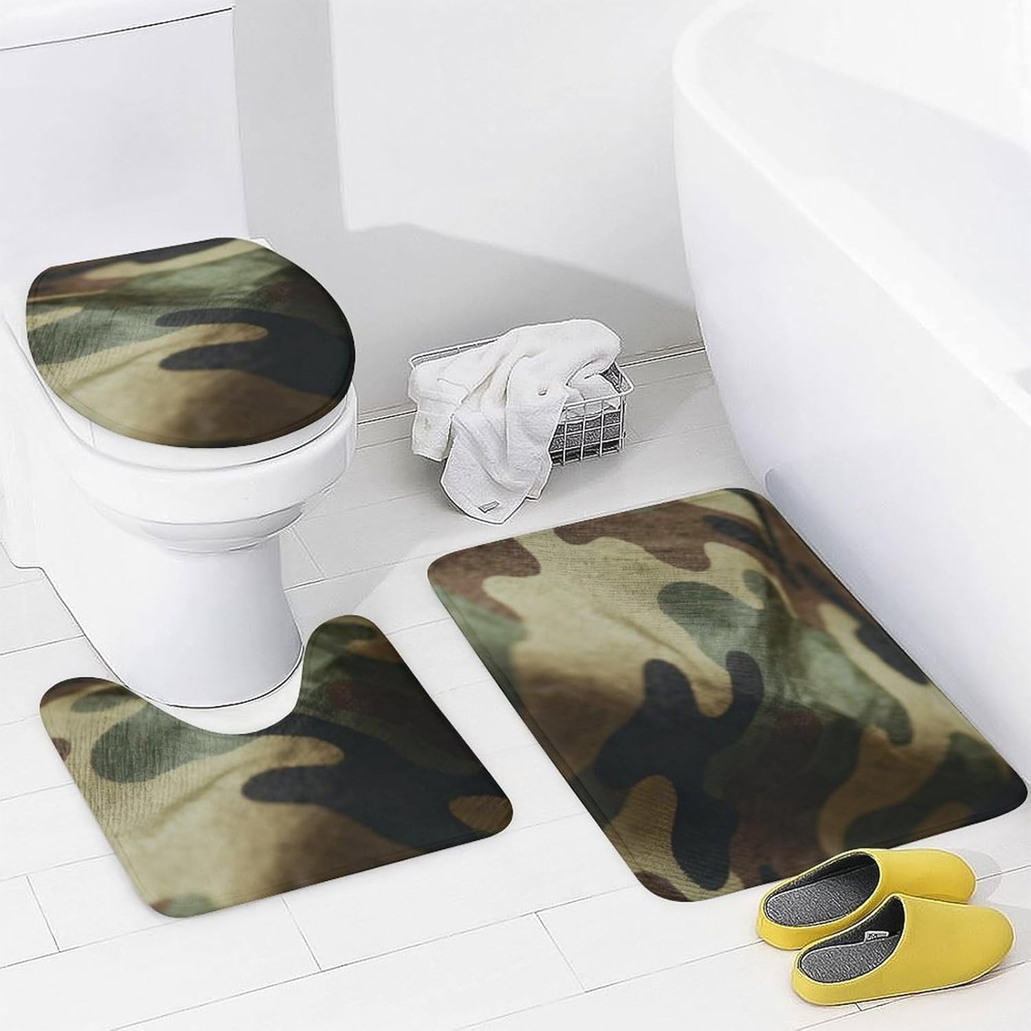 4 Piece Bathroom Rug Set with Shower Curtain, Non-Slip Bath Mat Toilet Cover Set, Camouflage Bathroom Rug Sets
