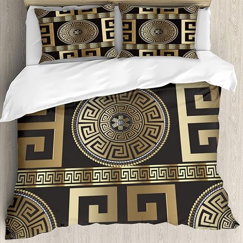 Juego de funda de edredón retro con estampado 3D de clave griega y oro negro y dorado con estampado geométrico dorado 3D, juego de ropa de cama