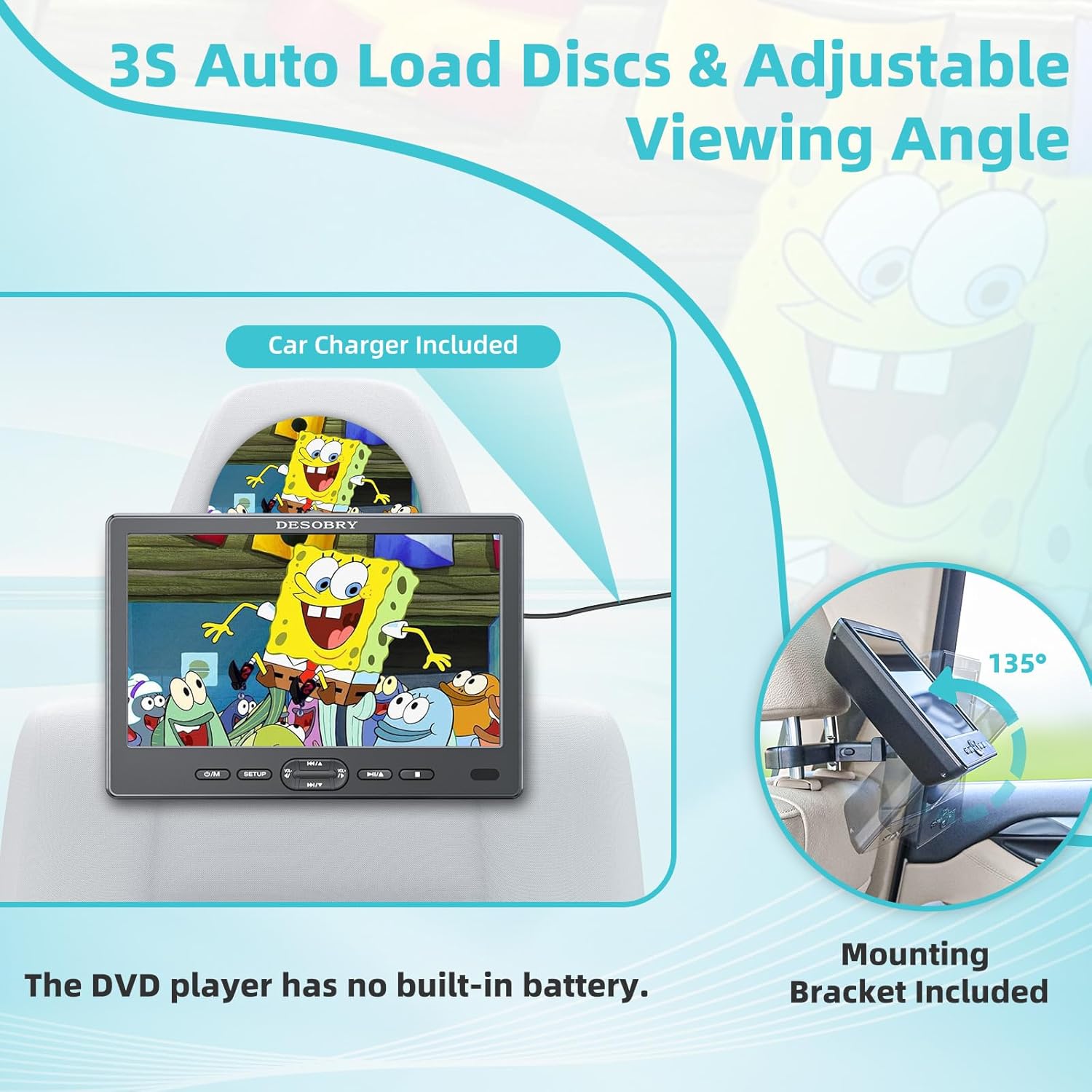 10.1" Car Headrest DVD Player with Suction-Type Disc in, DESOBRY 1080P Portable DVD Player for Car with Headphones, Mounting Brackets, Support HDMI Input,AV in/Out, Region Free, Last Memory