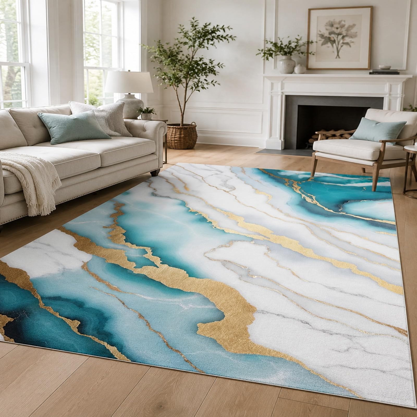 Tapis sous Coiffeuse, 100 x 160 cm, Abstrait Moderne Bleu Blanc Jaune Gris, Tapis Decoration Chambre, Lavable antiderapant, Poils Ras,