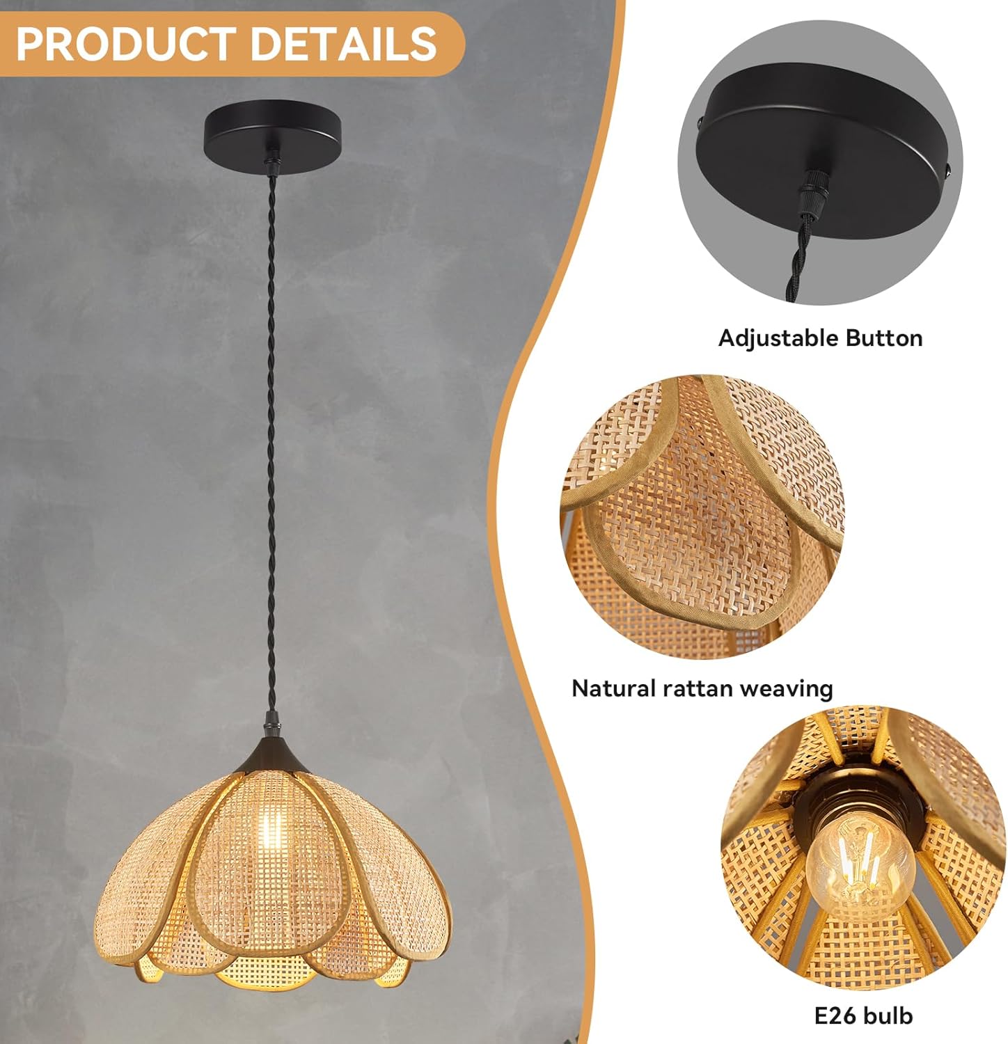 Boho Chandelier, Rustic Hemp Rope Pendant Lighting Hand-Woven Rattan Hanging Lamp Wicker Coastal Retro Pendant Light Fixtures for Kitchen Island Farmhouse Dining Room Bedroom(2-Pack)