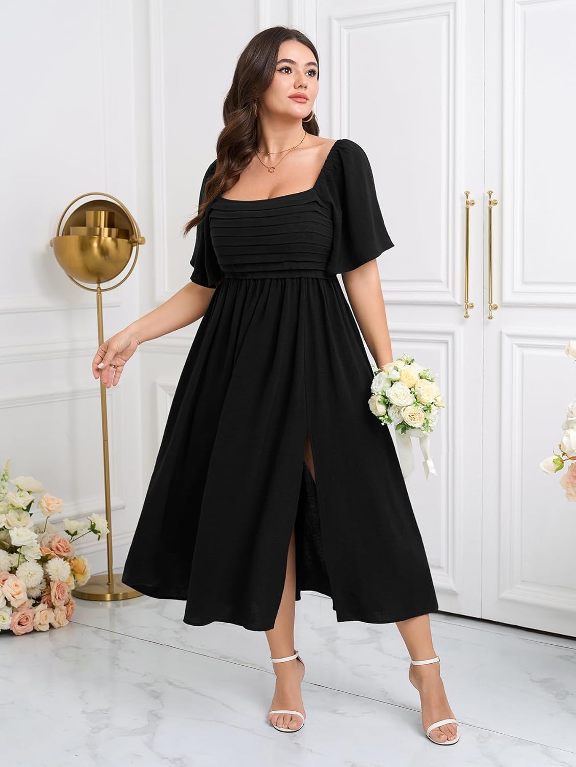 Womens Plus Size Maxi Dress Pleated Square Neck Short Sleeve Smocked High Waist Flowy A-Line Slit Elegant Dresses - Image 7