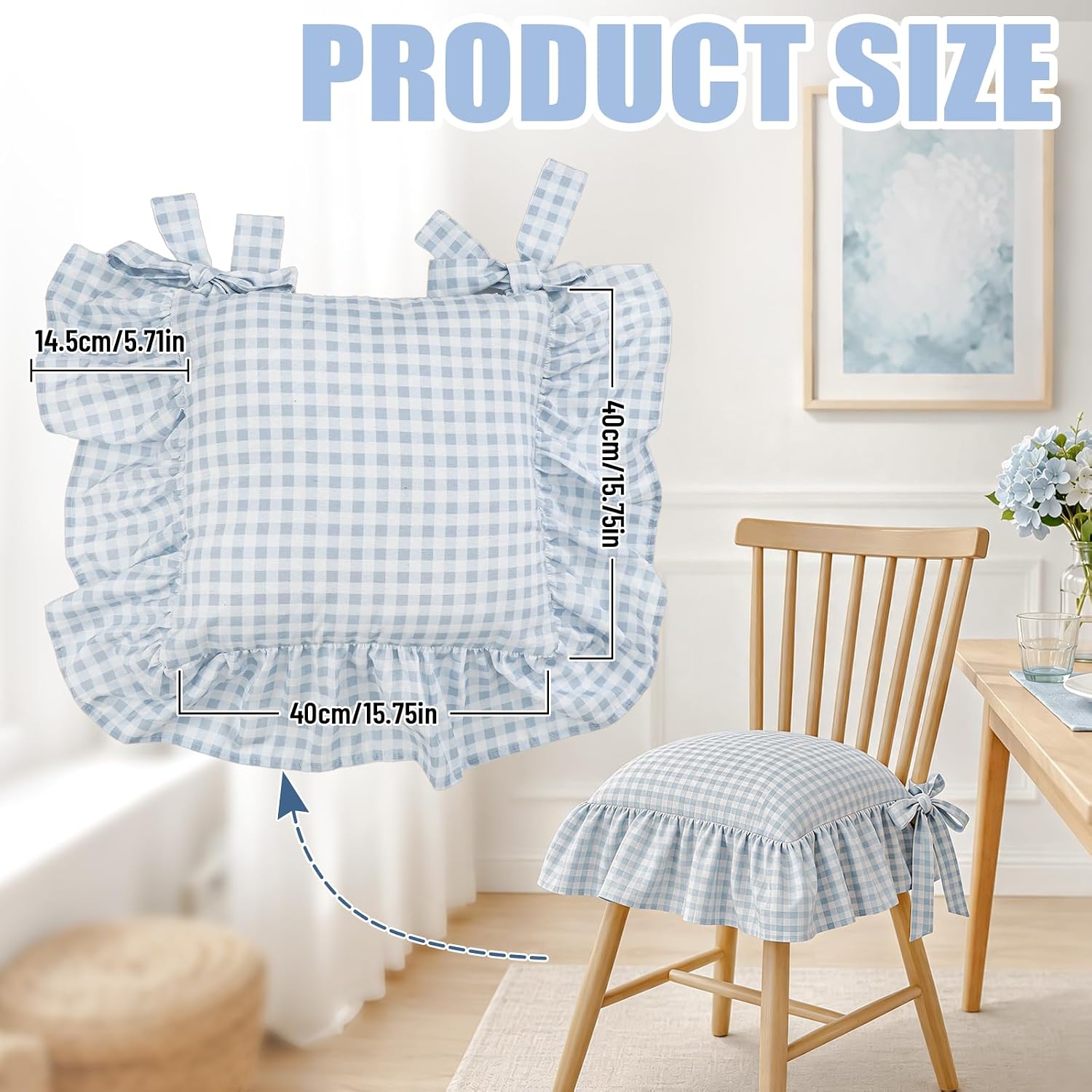 FYSUIMU Ruffle Chair Cushion Cover, Blue Gingham, 4Pcs