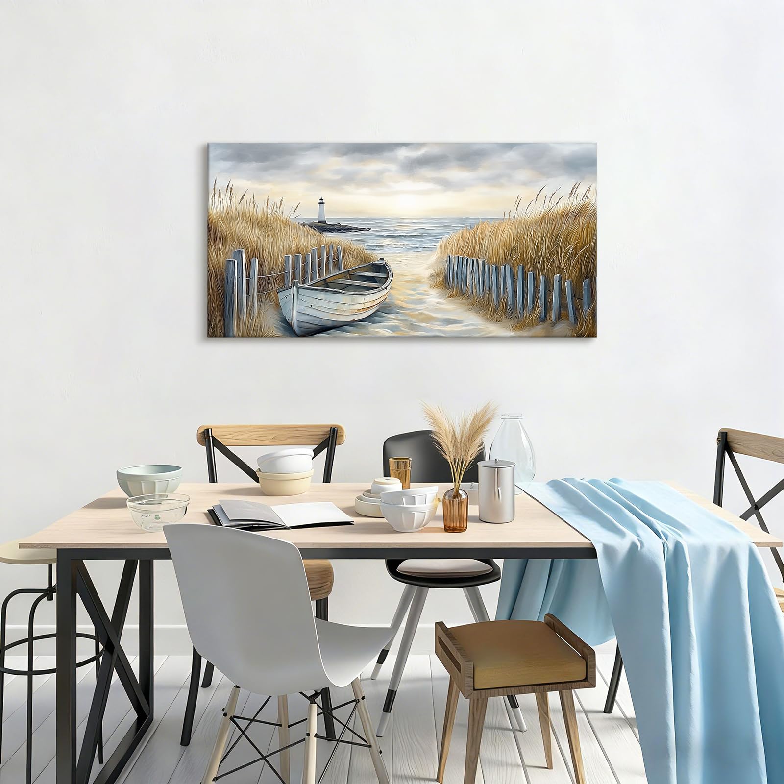WENGTIAO Plage Côtière Grande Tableau Decoration Murale Encadré Toile Peinture Bateau Phare et Paysage Marin Decoration Murale Salon Maison Deco Bureau Chambre 100x50 cm