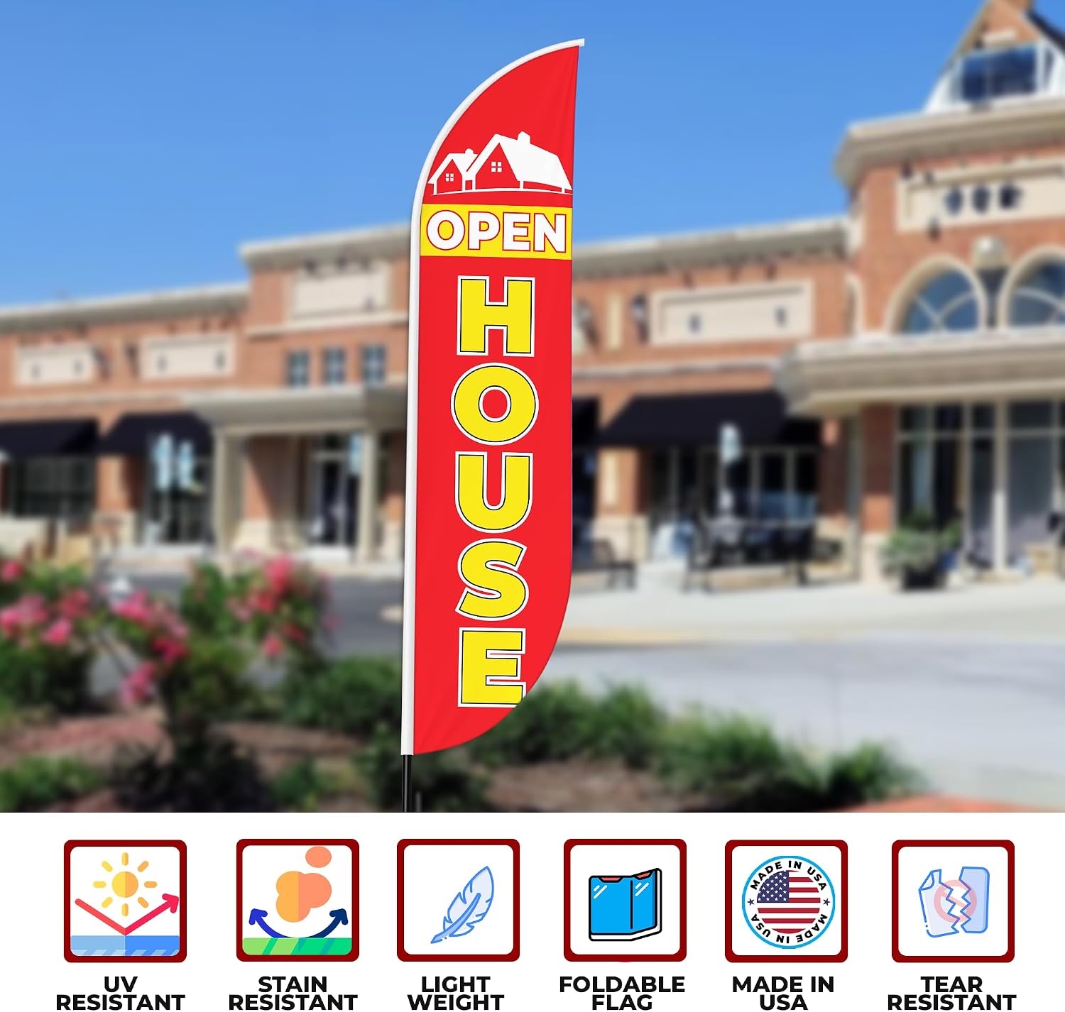 Open House Feather flag for Outdoor by Mavis Print | 11.5 FEET Long Polyester Outdoor Banner Flag for Easy Hang | HD Print Swooper I Flag Only for Business Advertising | Made in USA I Flag Only