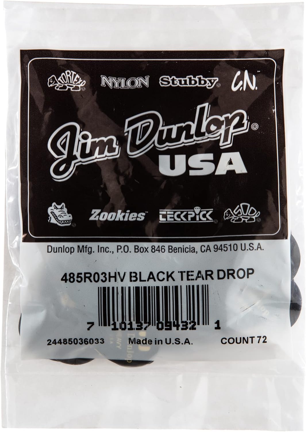 Jim Dunlop 485R03HV Genuine Celluloid Tear Drop, 72/Bag, Black