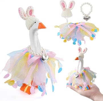 3 Pcs 7inch Desk Goose Outfits, Mini Desktop Goose Clothes with Rabbit Knitted Hat, Heart-Shaped Necklace and Tutu Dress for Magnetic Goose Statue Easter Day