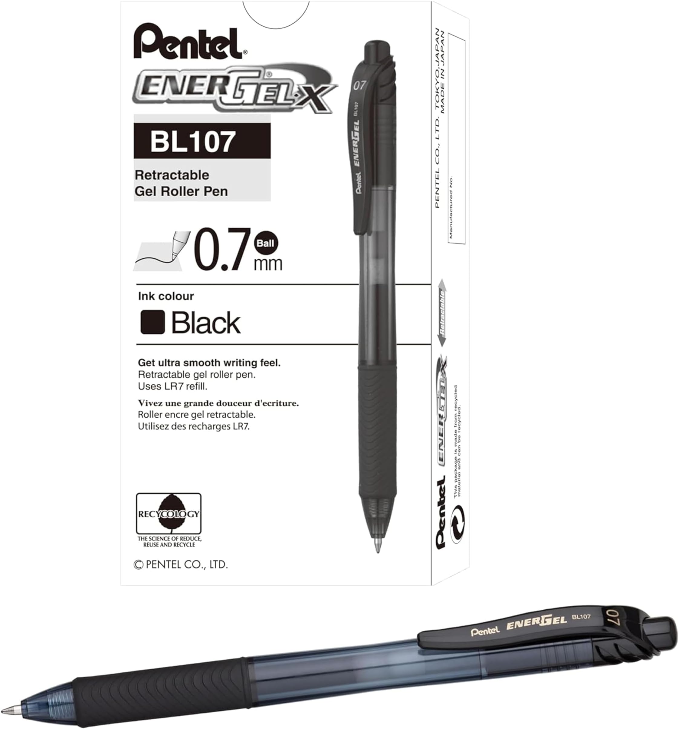 EnerGel-X Retractable Pen, 0.7 mm Tip - Black, Pack of 12, BL107-A