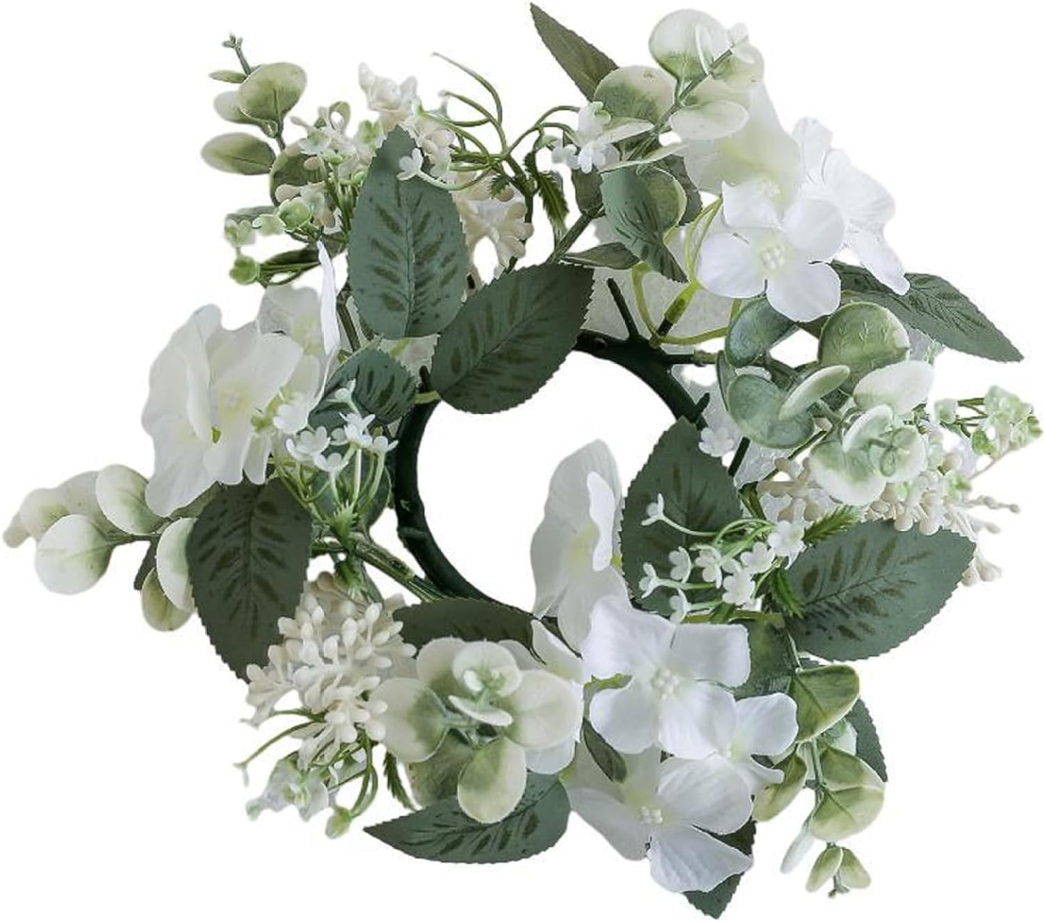 Floral Candle Rings 10 Inch Small Artificial Wreath for Pillars Hydrangeas Wedding Tables Home Door Wine Red