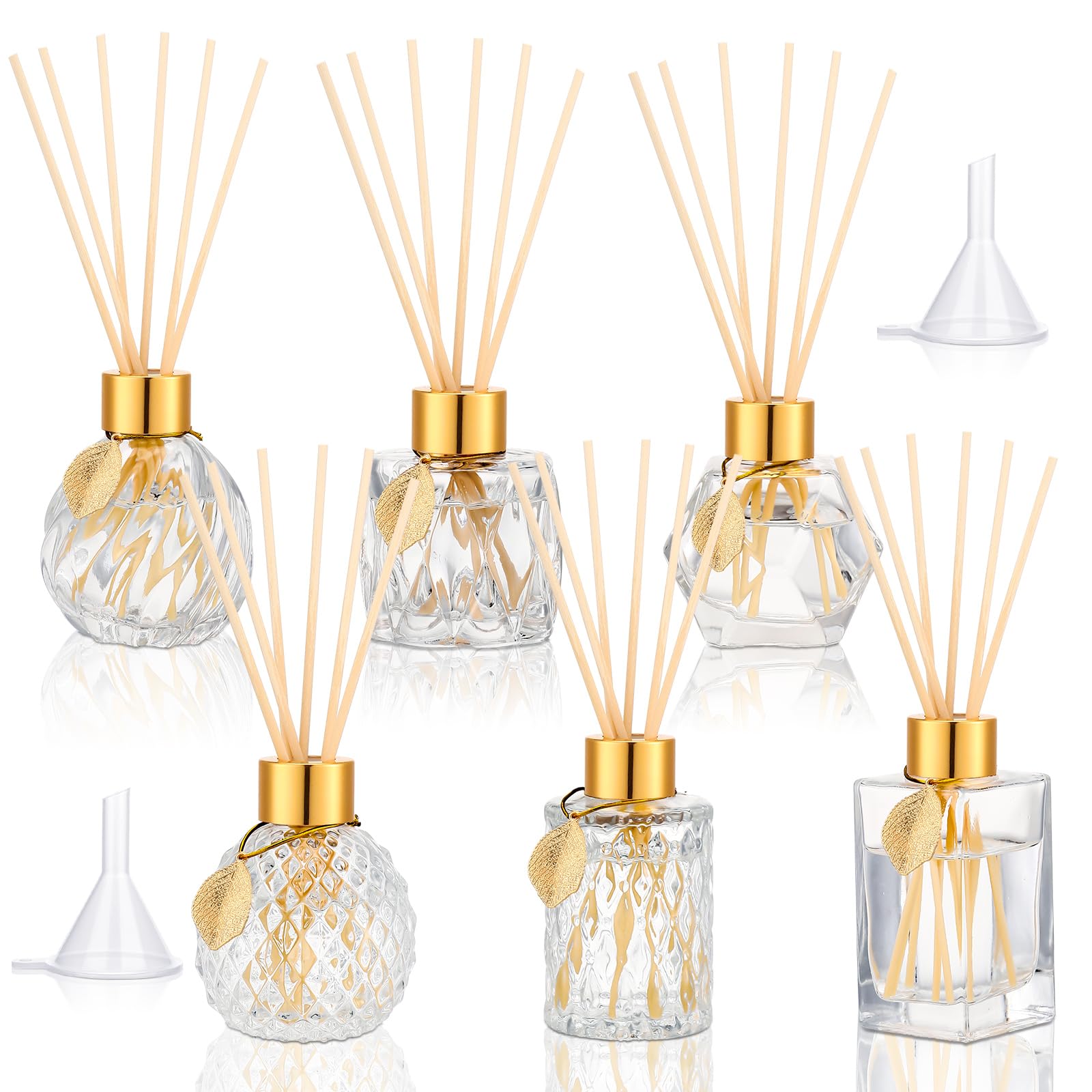 6 Pcs Reed Diffuser Gift Set Empty Reed Diffuser Bottle and 30 Pcs Sticks with Metallic Leaves Decoration Funnels 3.4 oz Fragrance Glass Prismatic