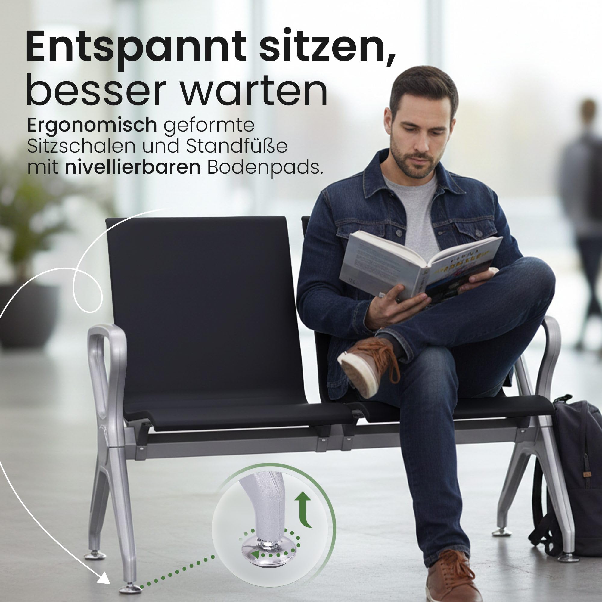 CLP Wartebank Airport-Stil Ermin, Sitzbank Flur mit Lehne, ergonomische Sitzschalen, Wartestühle mit robustem Alu-Gestell, bis 150 kg je Sitz Farbe schwarz Größe 4-Sitzer