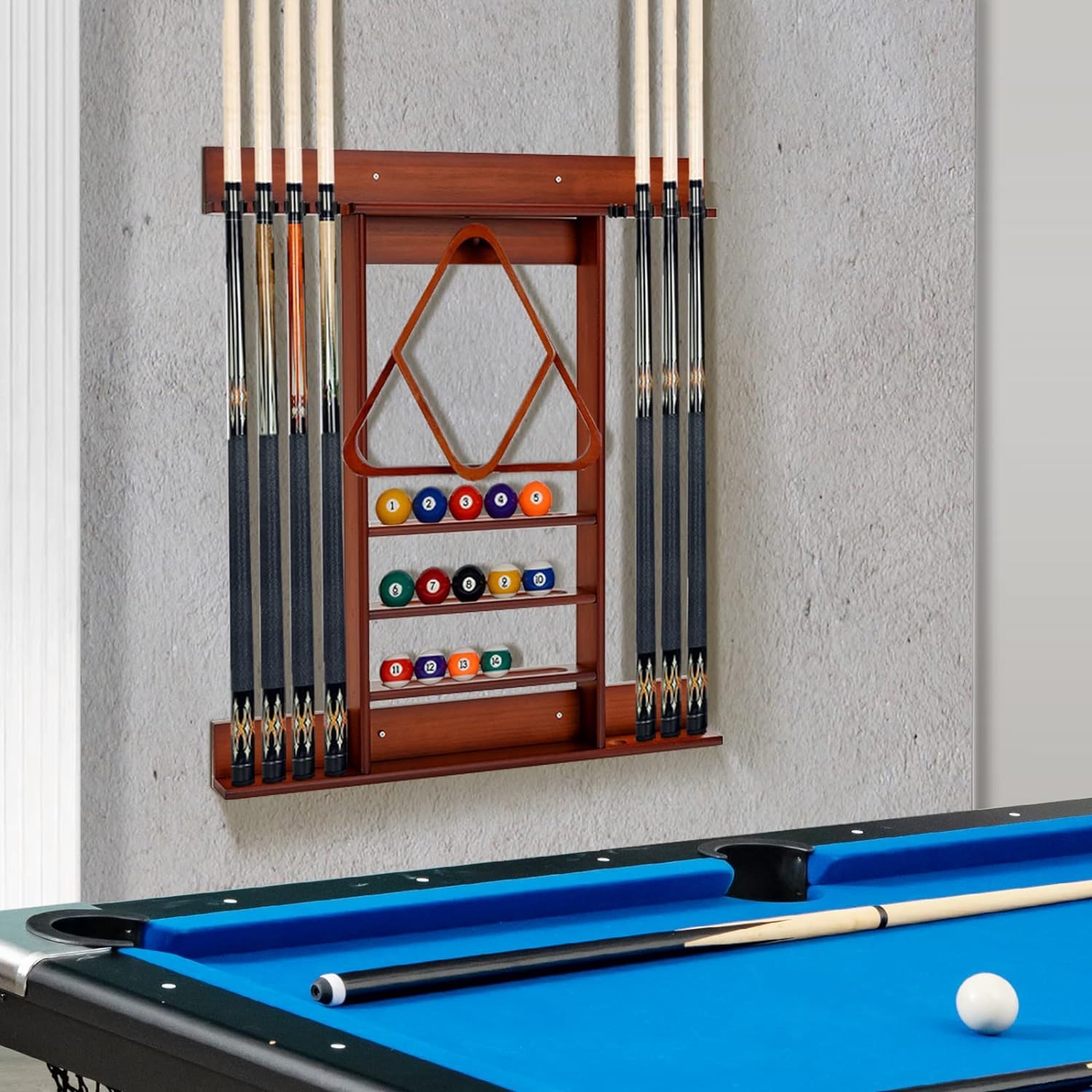 GYMAX Soporte para Tacos de Billar de Madera de Pino, Soporte para Tacos de Billar para 8 Tacos, 15 Bolas de Billar y Accesorios de Billar, Accesorios de Mesa de Billar para Sala de Billar, Bar, Club