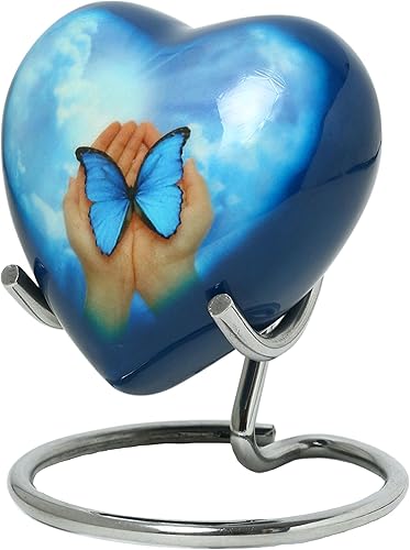 THE ASCENT MEMORIAL Urna de corazón pequeña mariposa azul para cenizas humanas  Juego de regalo funerario de urna pequeña corazón soporte de