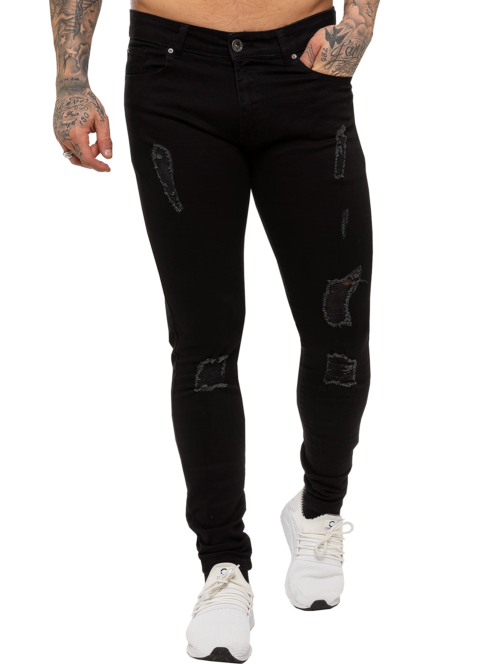 EZ383 Enzo Mens Super Skinny Ripped Jeans Stretch Frayed Denim Pants Waist Sizes 28” - 42”