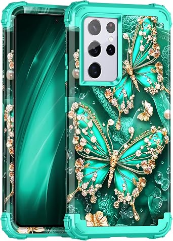 Miqala for Galaxy S21 Ultra 5G Case,Glow in The Dark Three Layer Heavy Duty Shockproof Full Body Protection Hard Plastic Bumper+Soft Silicone Case for Samsung Galaxy S21 Ultra 6.8 inch,Blue Green