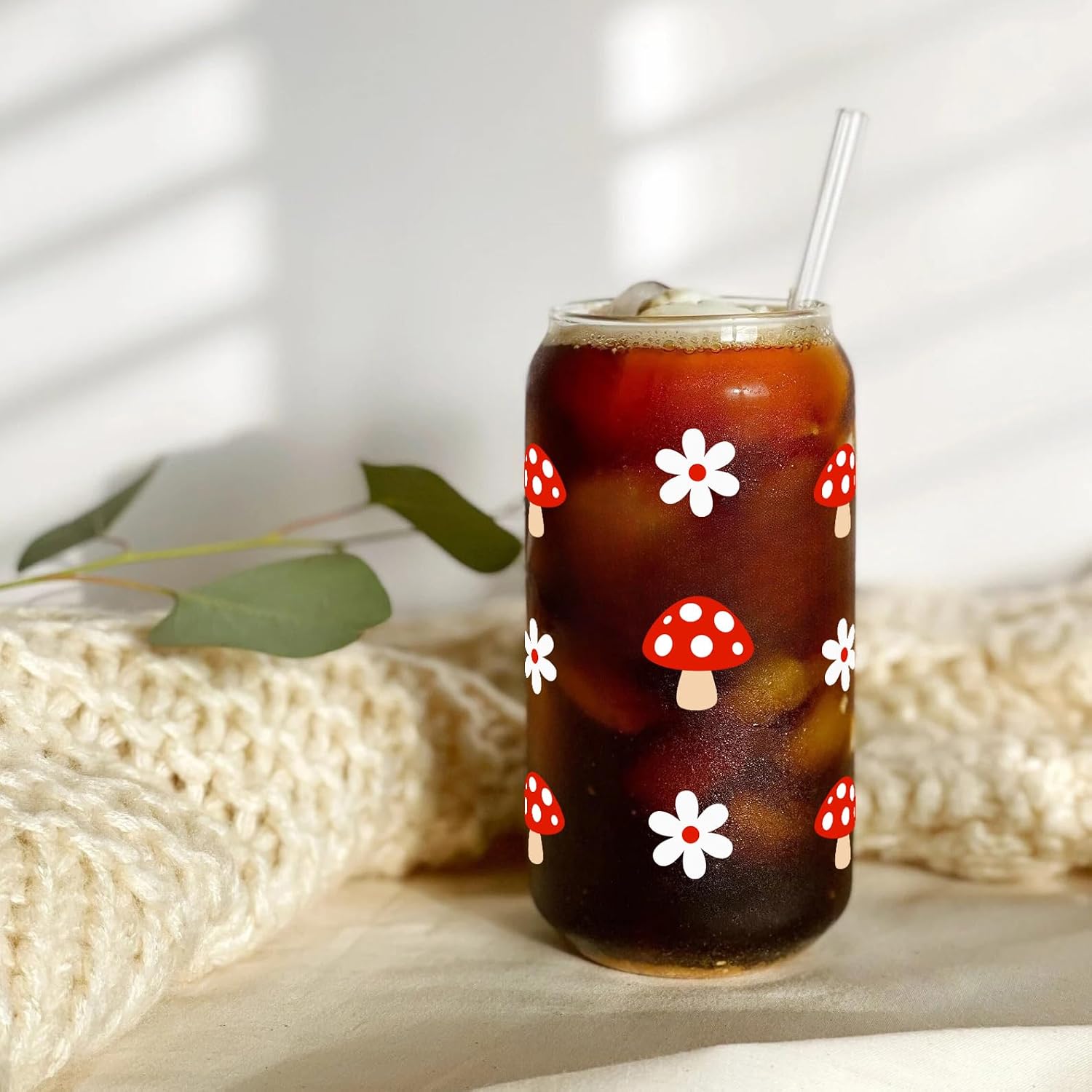 16oz Daisy Mushroom Glass Cups with Lids and Straws, Cute Glass Cup Mushroom Ice Coffee Cups with Cleaning Brush & Gift Box,Mushrooms Gifts for Women (Red Mushroom)