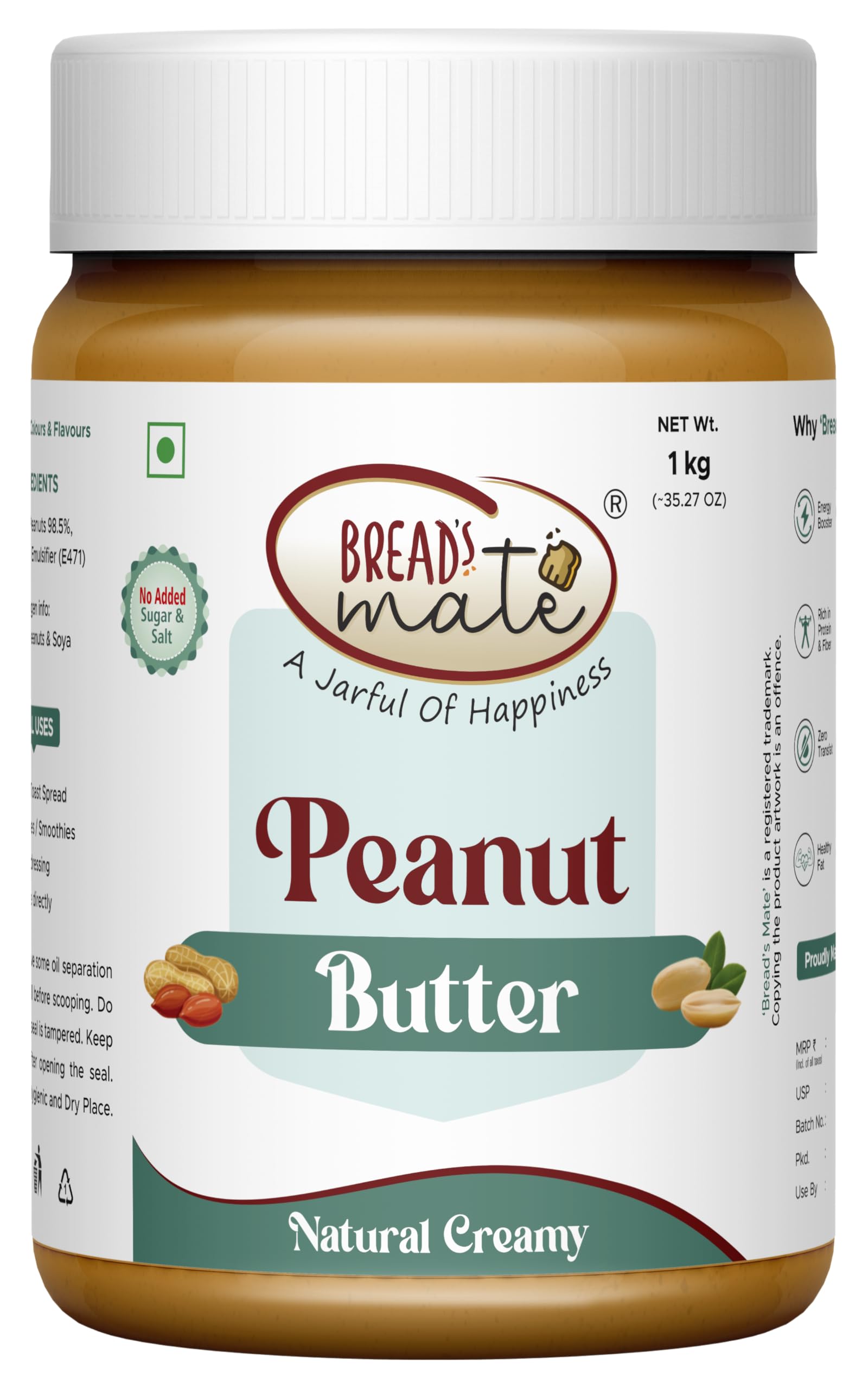 Breads Mate Peanut Butter 1kg Jar | High Protein | Naturally Gluten Free | No Artificial Ingredients or Additives | Trans Fat-Free (Natural Creamy) (B0D84JN5DP) Amazon Price History, Amazon Price Tracker