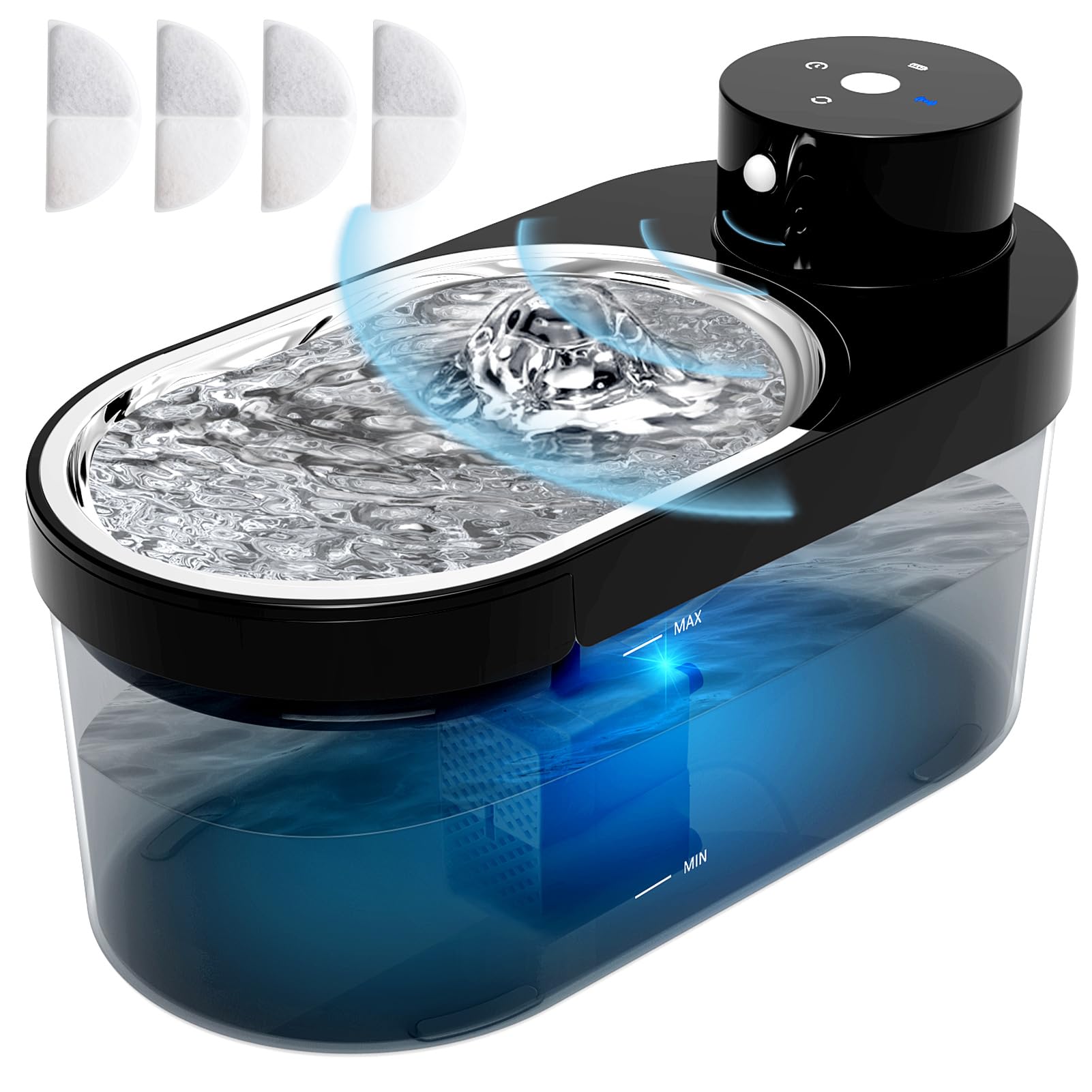 Fuente de agua para gato inalámbrica MILFECH 5000 mAh, batería de 4 litros, fuente para gatos, inalámbrica con sensor, bebedero silencioso con bandeja de acero inoxidable, 3 modos, 4 filtros, negro